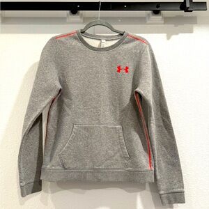 Under Armour pullover sweatshirt, gray with neon orange accent stripes and logo